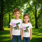 Sibling styling view of PaintzStories artistic kids t-shirt featuring Crocodile & Lion’s Friendship: Crocodile Spotlight artwork with colourful illustration, premium cotton comfort, art tee shirt, and kids artistic t-shirt.