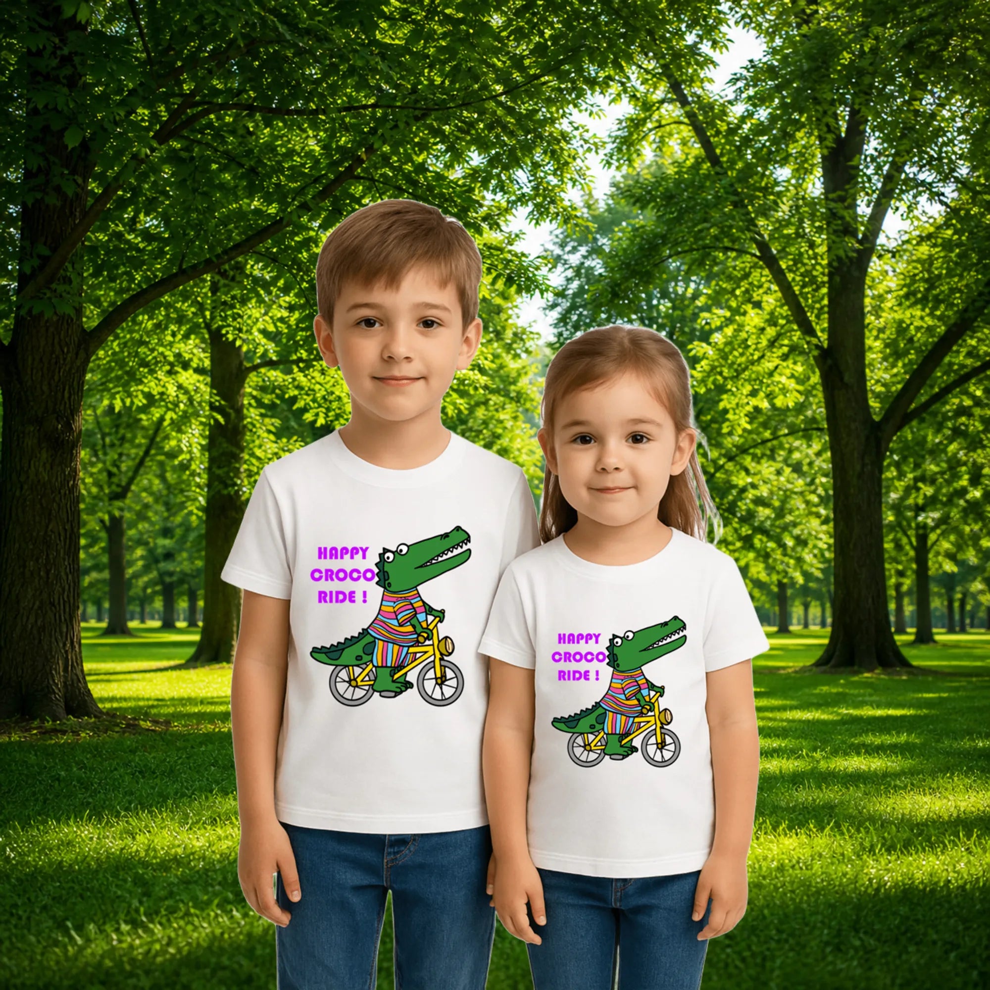 Sibling styling view of PaintzStories artistic kids t-shirt featuring Crocodile & Lion’s Friendship: Crocodile Spotlight artwork with colourful illustration, premium cotton comfort, art tee shirt, and kids artistic t-shirt.