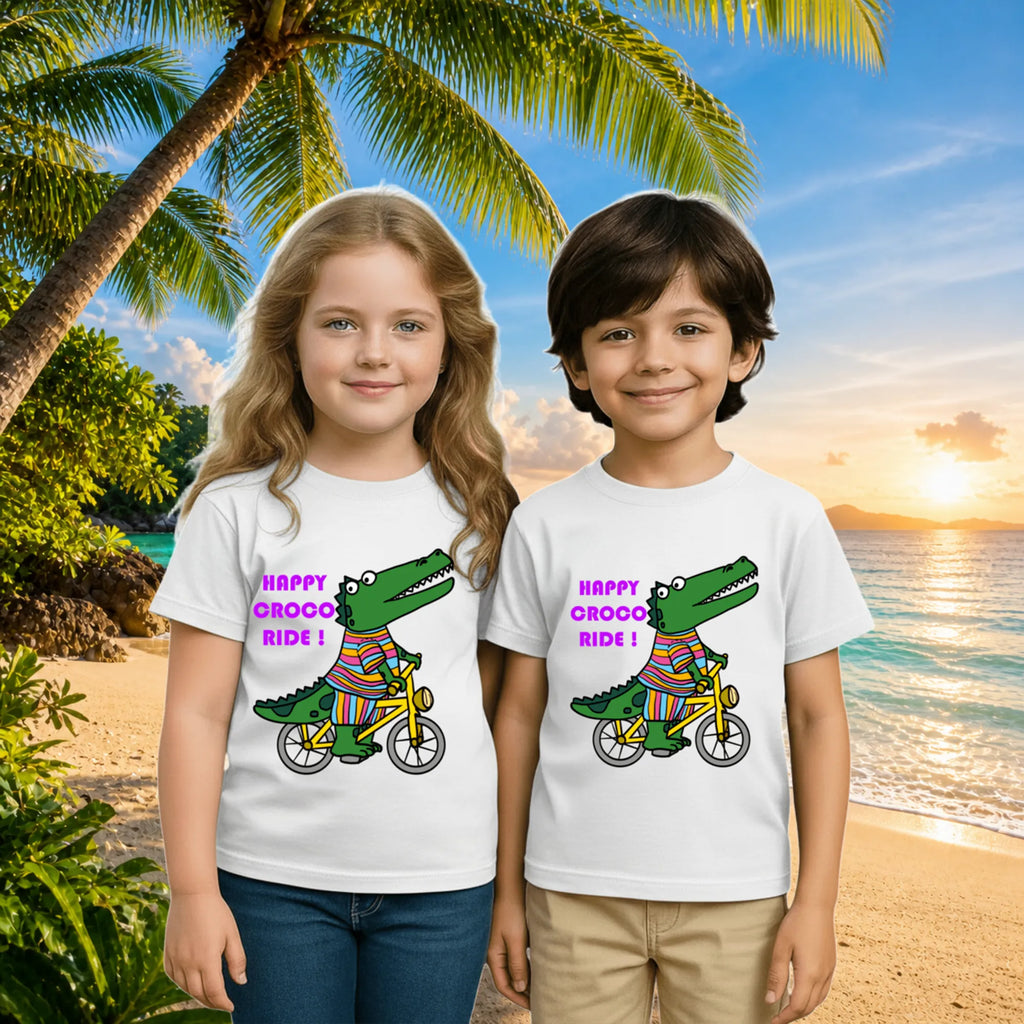 Lifestyle image of PaintzStories artistic kids t-shirt featuring Crocodile & Lion’s Friendship: Crocodile Spotlight artwork with colourful illustration, premium cotton comfort, artist tees, and art tee shirt.