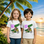 Lifestyle image of PaintzStories artistic kids t-shirt featuring Crocodile & Lion’s Friendship: Crocodile Spotlight artwork with colourful illustration, premium cotton comfort, artist tees, and art tee shirt.