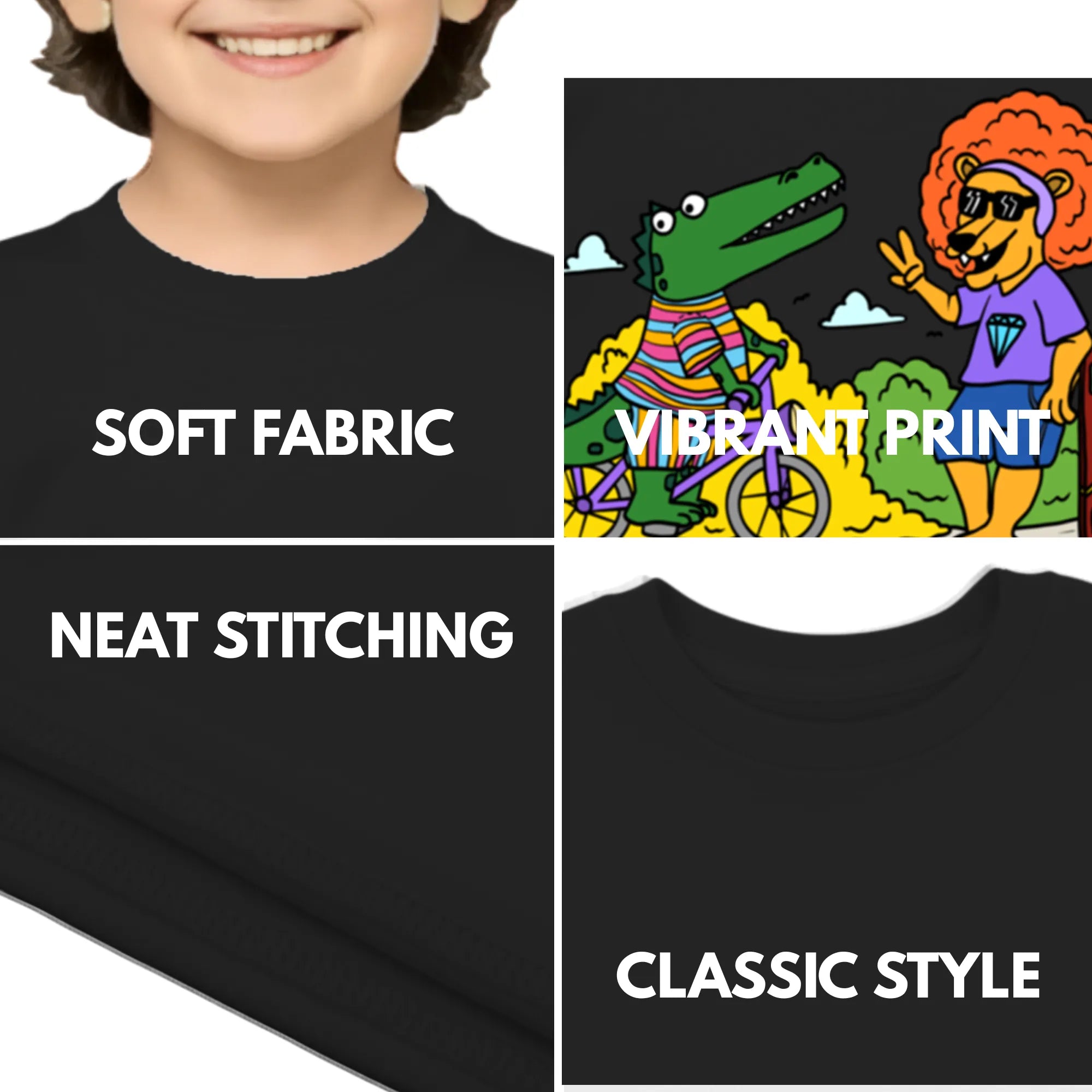 Feature highlights of PaintzStories artistic kids t-shirt featuring Crocodile and Lion's Friendship artwork with colourful illustration, premium cotton comfort, colourful kids wear, and unisex cotton tshirt.