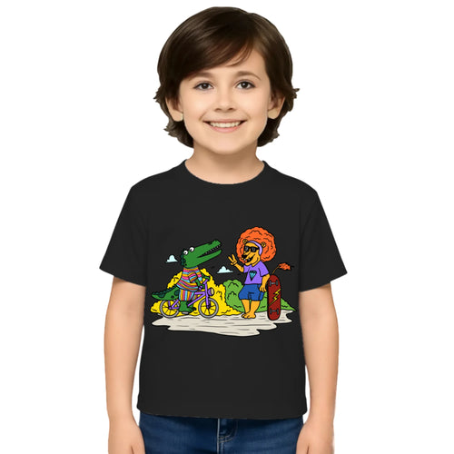 Main view of PaintzStories artistic kids t-shirt featuring Crocodile and Lion's Friendship artwork with colourful illustration, premium cotton comfort, artwork on tshirt, and creative kids fashion.