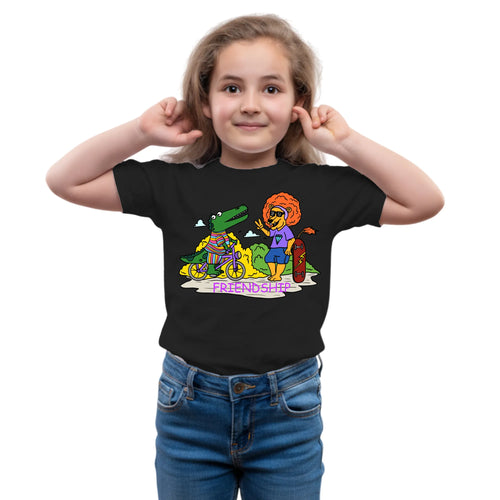Main view of PaintzStories artistic kids t-shirt featuring Crocodile and Lion's Friendship artwork with colourful illustration, premium cotton comfort, kids artistic t-shirt, and birthday gift for kids.