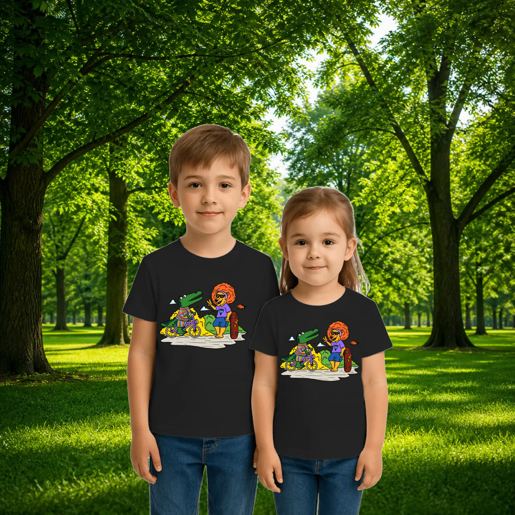 Sibling styling view of PaintzStories artistic kids t-shirt featuring Crocodile and Lion's Friendship artwork with colourful illustration, premium cotton comfort, artist tees, and unisex cotton tshirt.