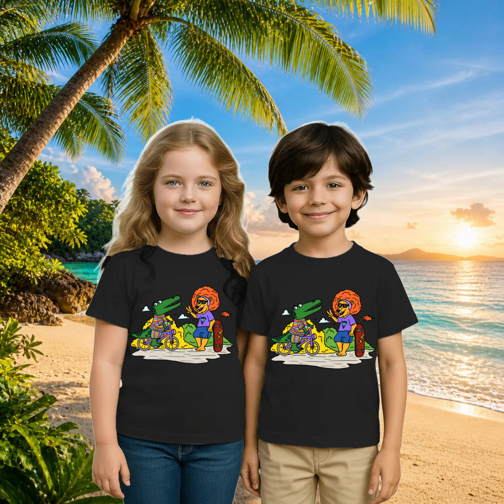 Lifestyle image of PaintzStories artistic kids t-shirt featuring Crocodile and Lion's Friendship artwork with colourful illustration, premium cotton comfort, kids artistic t-shirt, and unisex cotton tshirt.