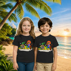 Lifestyle image of PaintzStories artistic kids t-shirt featuring Crocodile and Lion's Friendship artwork with colourful illustration, premium cotton comfort, kids artistic t-shirt, and unisex cotton tshirt.