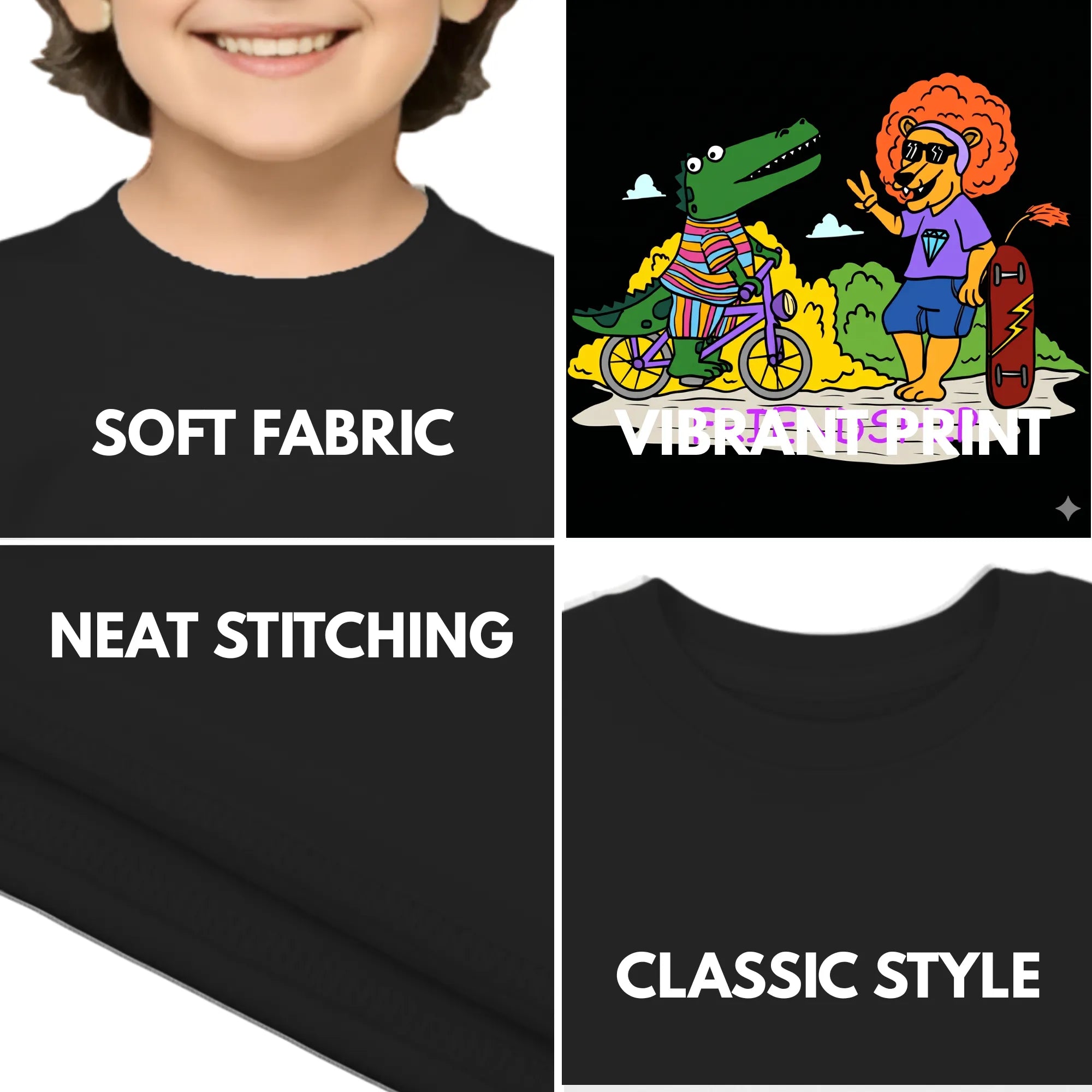 Feature highlights of PaintzStories artistic kids t-shirt featuring Crocodile and Lion's Friendship artwork with colourful illustration, premium cotton comfort, artist tees, and art tee shirt.
