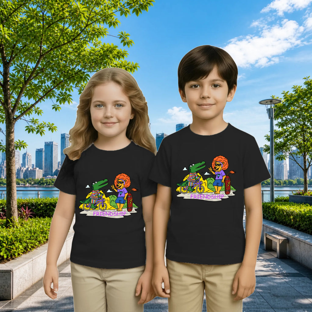 Lifestyle image of PaintzStories artistic kids t-shirt featuring Crocodile and Lion's Friendship artwork with colourful illustration, premium cotton comfort, artwork on tshirt, and birthday gift for kids.