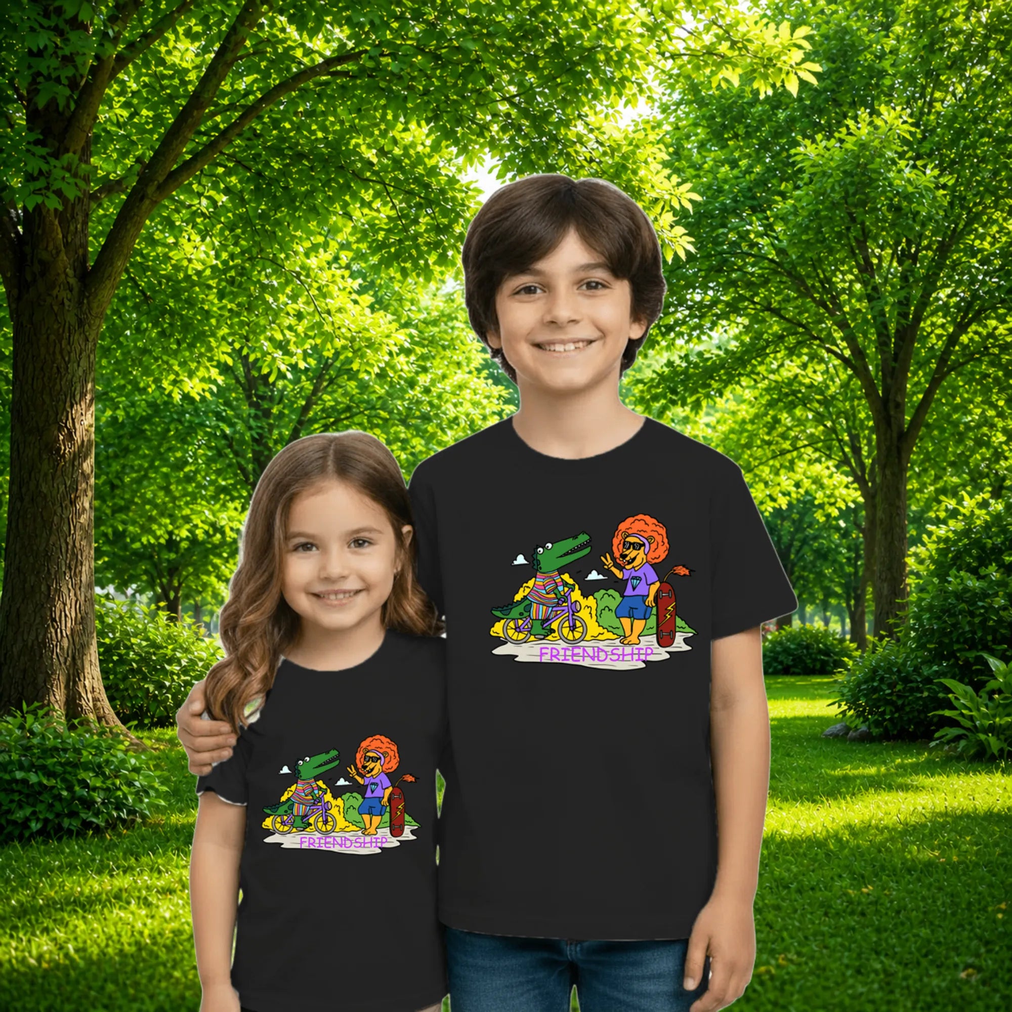 Sibling styling view of PaintzStories artistic kids t-shirt featuring Crocodile and Lion's Friendship artwork with colourful illustration, premium cotton comfort, art tee shirt, and kids artistic t-shirt.