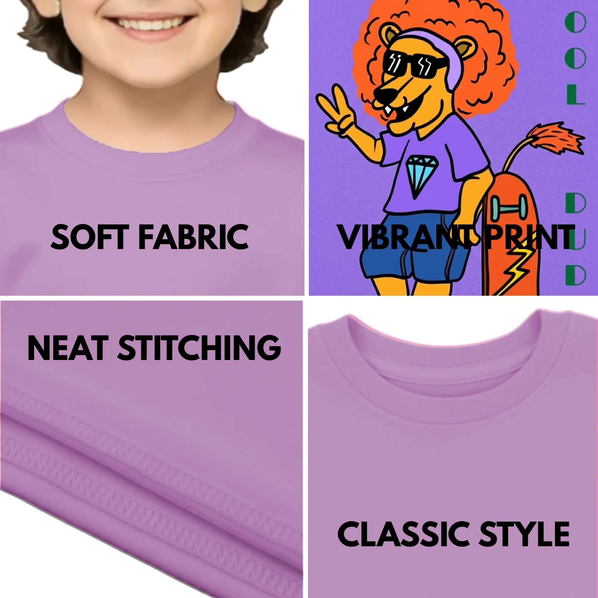 Feature highlights of PaintzStories artistic kids t-shirt featuring Crocodile & Lion’s Friendship: Lion Spotlight artwork with colourful illustration, premium cotton comfort, artist tees, and designer kids tshirt.