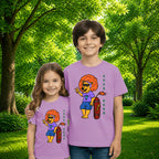 Sibling styling view of PaintzStories artistic kids t-shirt featuring Crocodile & Lion’s Friendship: Lion Spotlight artwork with colourful illustration, premium cotton comfort, creative kids fashion, and colourful kids wear.