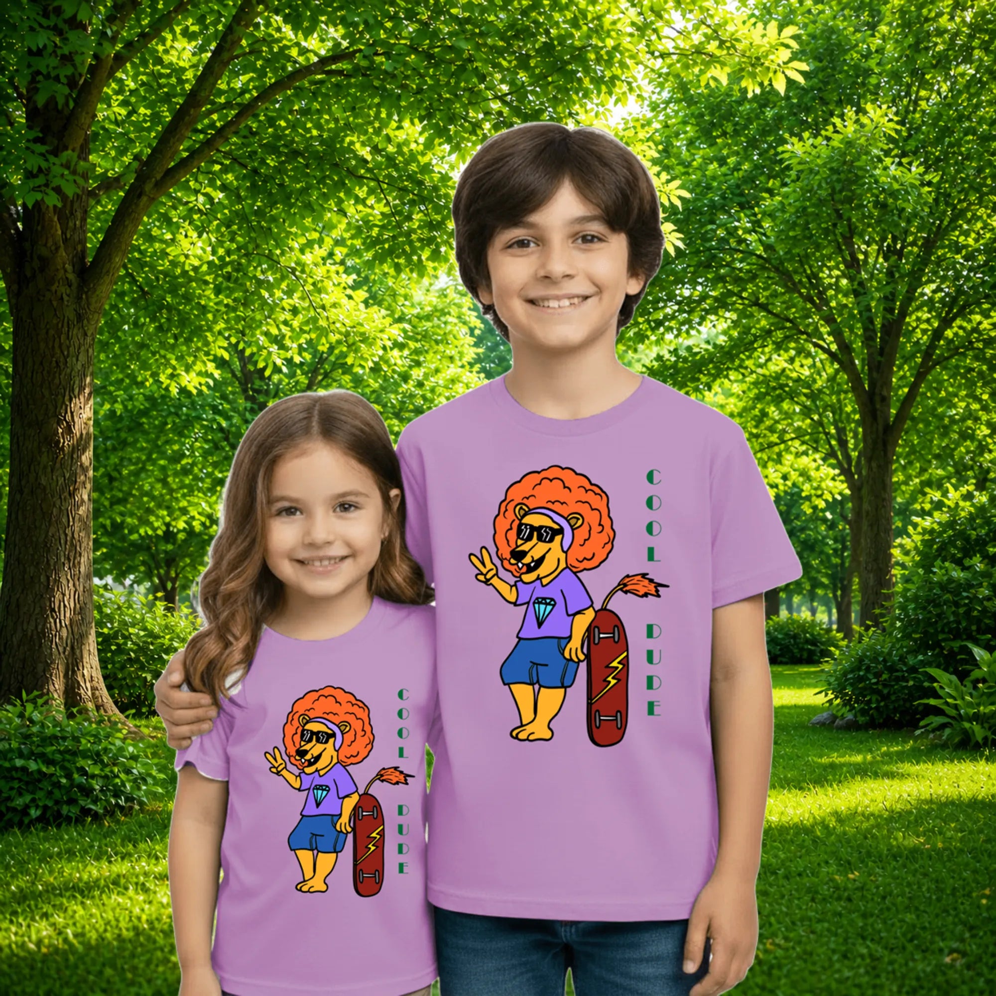 Sibling styling view of PaintzStories artistic kids t-shirt featuring Crocodile & Lion’s Friendship: Lion Spotlight artwork with colourful illustration, premium cotton comfort, creative kids fashion, and colourful kids wear.