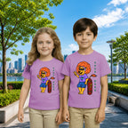 Lifestyle image of PaintzStories artistic kids t-shirt featuring Crocodile & Lion’s Friendship: Lion Spotlight artwork with colourful illustration, premium cotton comfort, birthday gift for kids, and creative kids fashion.