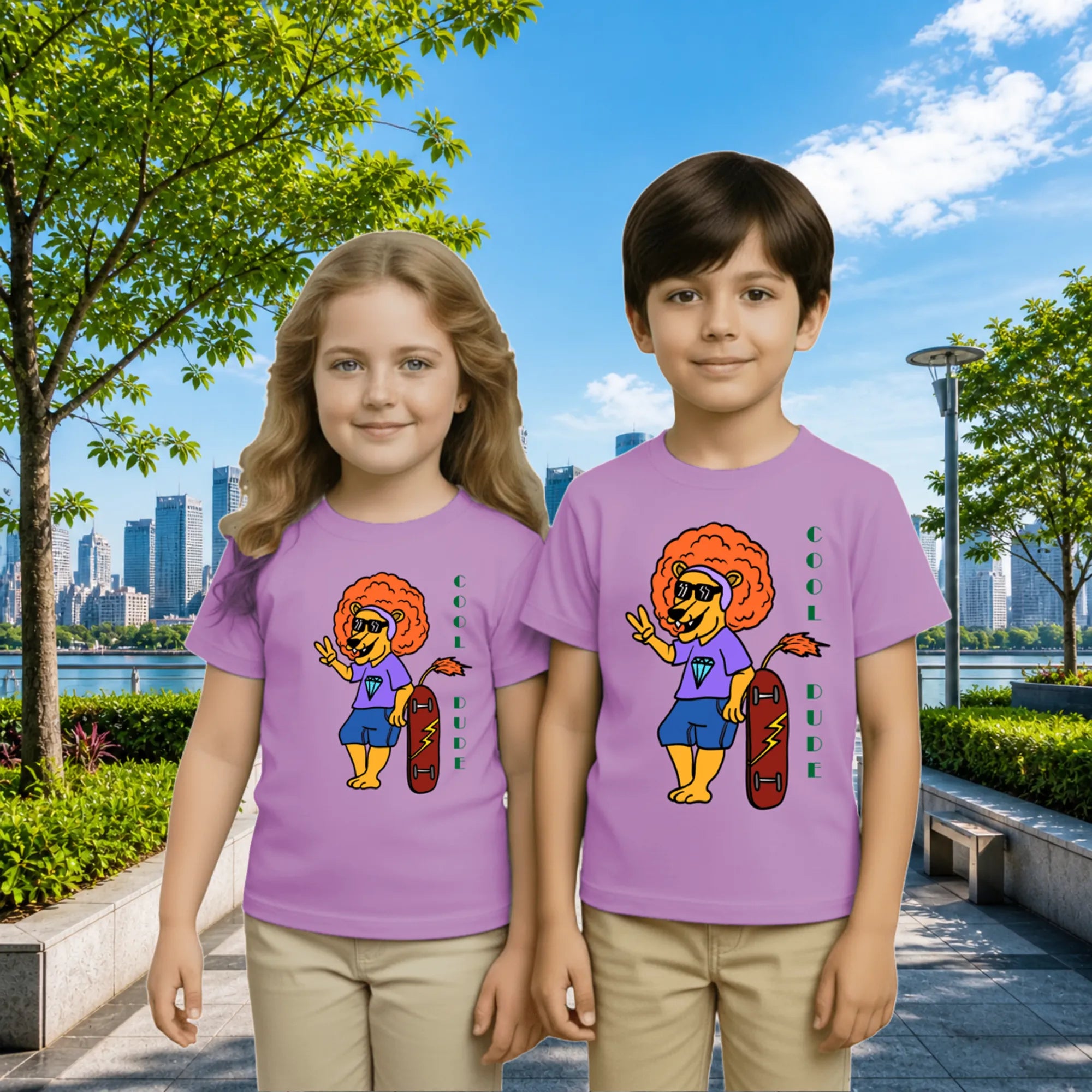 Lifestyle image of PaintzStories artistic kids t-shirt featuring Crocodile & Lion’s Friendship: Lion Spotlight artwork with colourful illustration, premium cotton comfort, birthday gift for kids, and creative kids fashion.