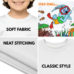Feature highlights of PaintzStories artistic kids t-shirt featuring Diving Rabbit artwork with colourful illustration, premium cotton comfort, unisex cotton tshirt, and gift for young artists.