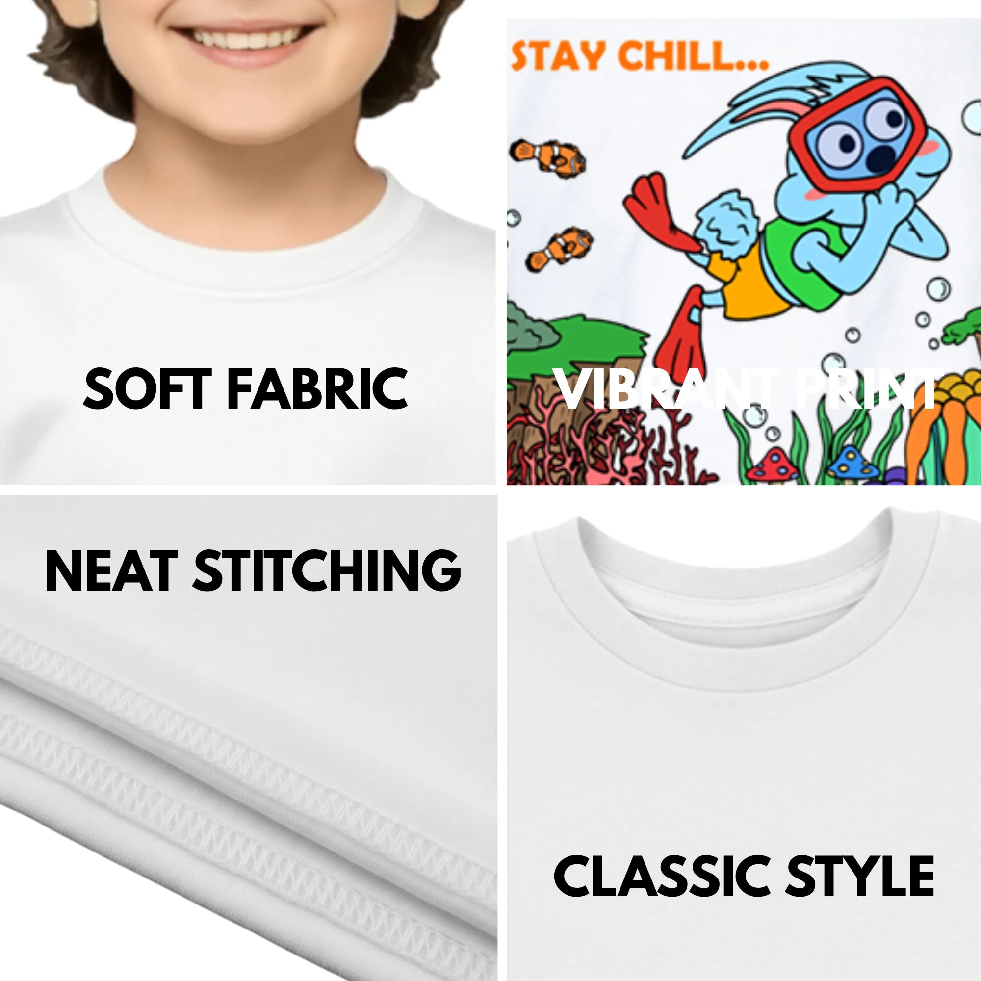 Feature highlights of PaintzStories artistic kids t-shirt featuring Diving Rabbit artwork with colourful illustration, premium cotton comfort, unisex cotton tshirt, and gift for young artists.