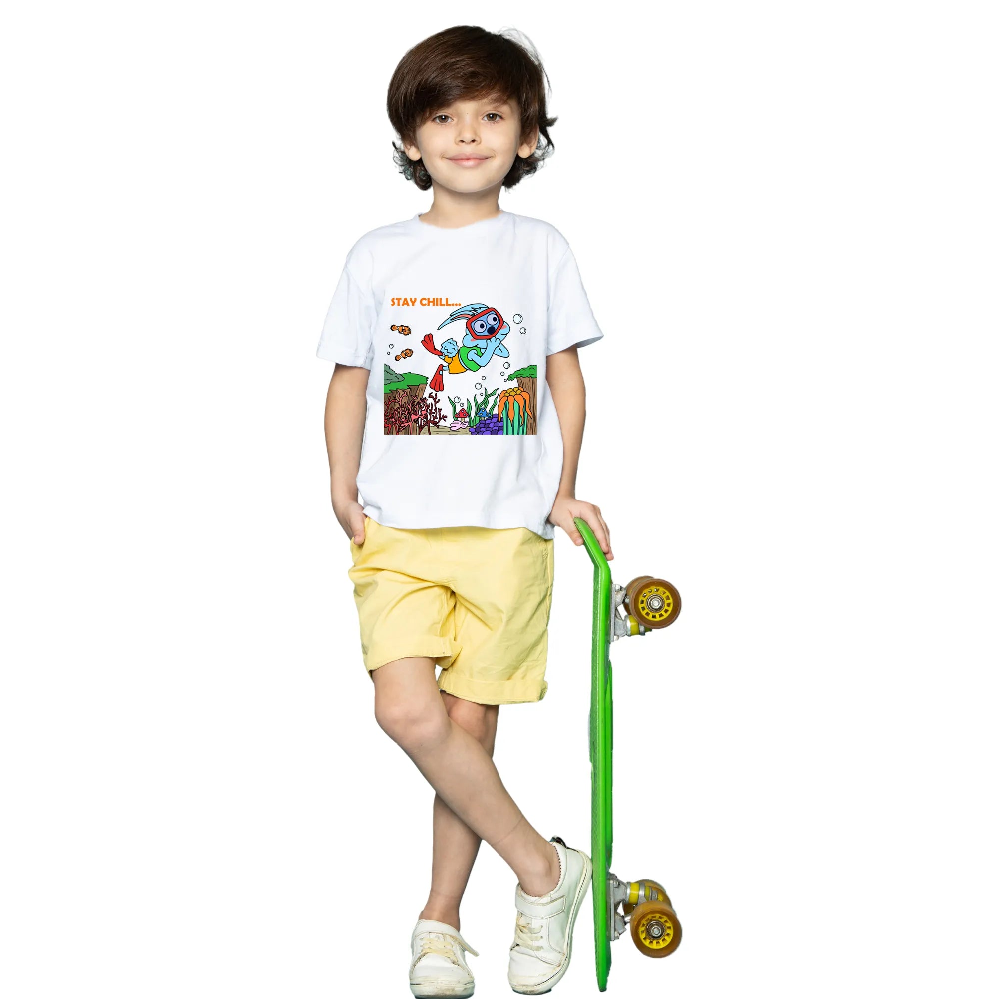 Main view of PaintzStories artistic kids t-shirt featuring Diving Rabbit artwork with colourful illustration, premium cotton comfort, artist tees, and unisex cotton tshirt.