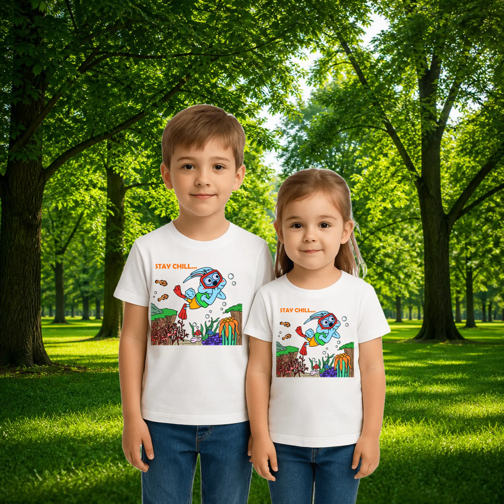 Sibling styling view of PaintzStories artistic kids t-shirt featuring Diving Rabbit artwork with colourful illustration, premium cotton comfort, creative kids fashion, and artwork on tshirt.