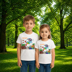 Sibling styling view of PaintzStories artistic kids t-shirt featuring Diving Rabbit artwork with colourful illustration, premium cotton comfort, creative kids fashion, and artwork on tshirt.