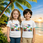 Lifestyle image of PaintzStories artistic kids t-shirt featuring Diving Rabbit artwork with colourful illustration, premium cotton comfort, designer kids tshirt, and colourful kids wear.