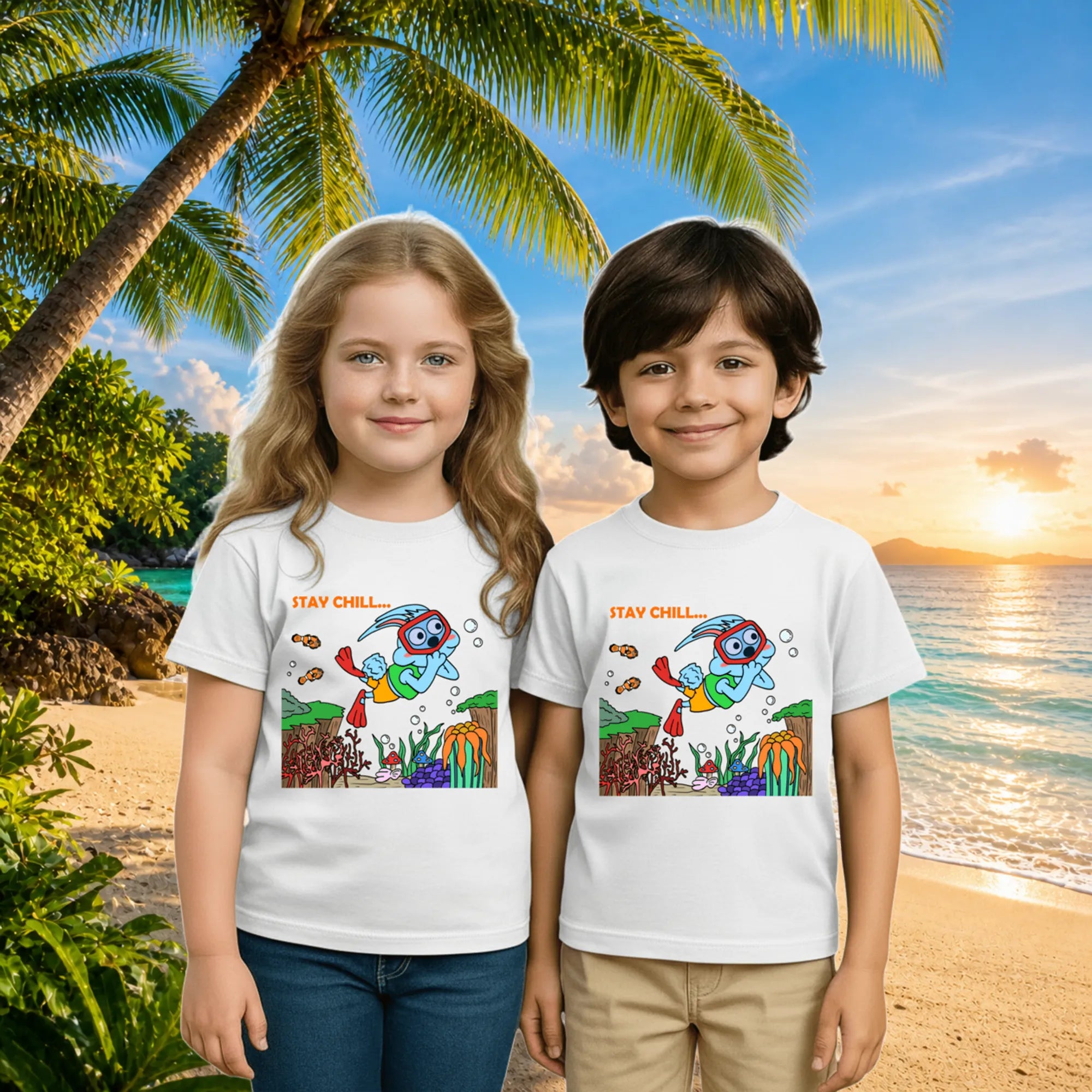 Lifestyle image of PaintzStories artistic kids t-shirt featuring Diving Rabbit artwork with colourful illustration, premium cotton comfort, designer kids tshirt, and colourful kids wear.