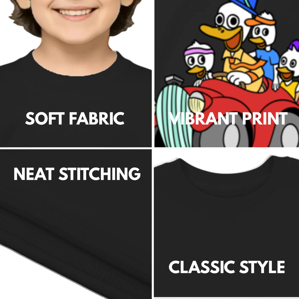 Feature highlights of PaintzStories artistic kids t-shirt featuring Uncle Duck Tour - Blue artwork with colourful illustration, premium cotton comfort, designer kids tshirt, and artist tees.