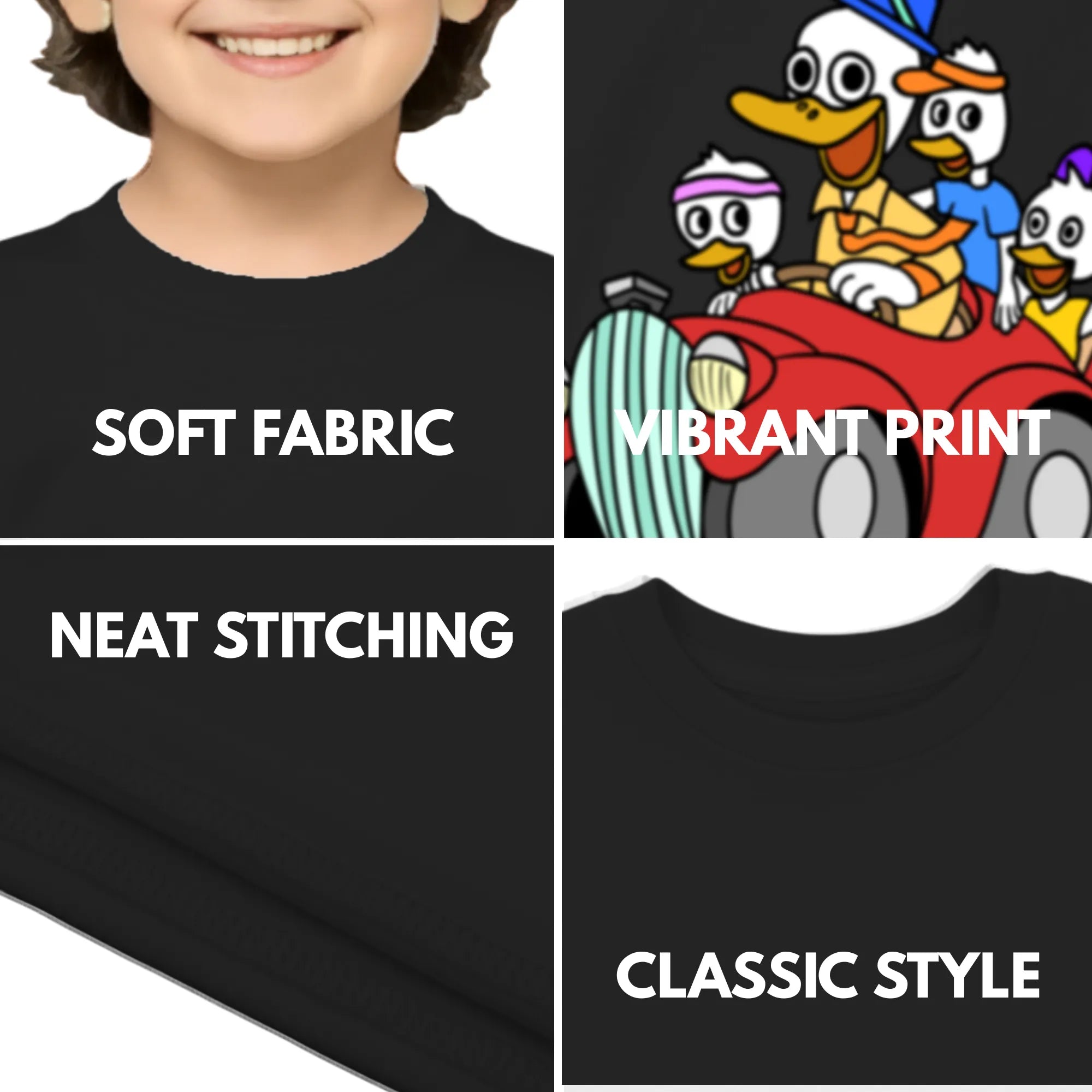 Feature highlights of PaintzStories artistic kids t-shirt featuring Uncle Duck Tour - Blue artwork with colourful illustration, premium cotton comfort, designer kids tshirt, and artist tees.