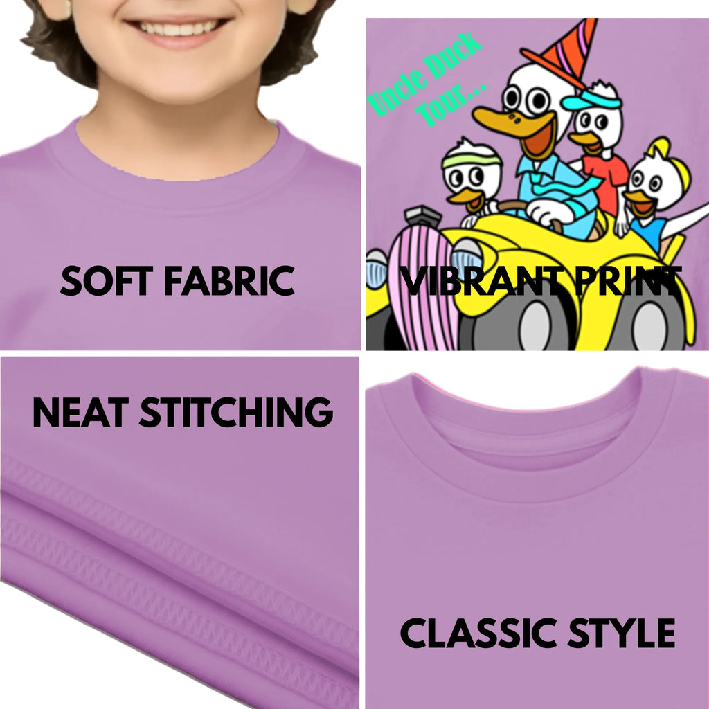 Feature highlights of PaintzStories artistic kids t-shirt featuring Uncle Duck Tour - Light artwork with colourful illustration, premium cotton comfort, artist tees, and designer kids tshirt.