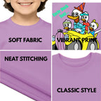 Feature highlights of PaintzStories artistic kids t-shirt featuring Uncle Duck Tour - Light artwork with colourful illustration, premium cotton comfort, artist tees, and designer kids tshirt.