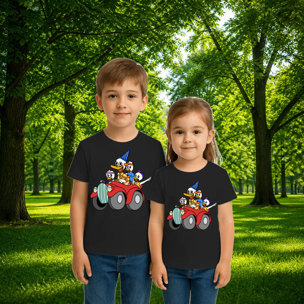 Sibling styling view of PaintzStories artistic kids t-shirt featuring Uncle Duck Tour - Blue artwork with colourful illustration, premium cotton comfort, designer kids tshirt, and artwork on tshirt.