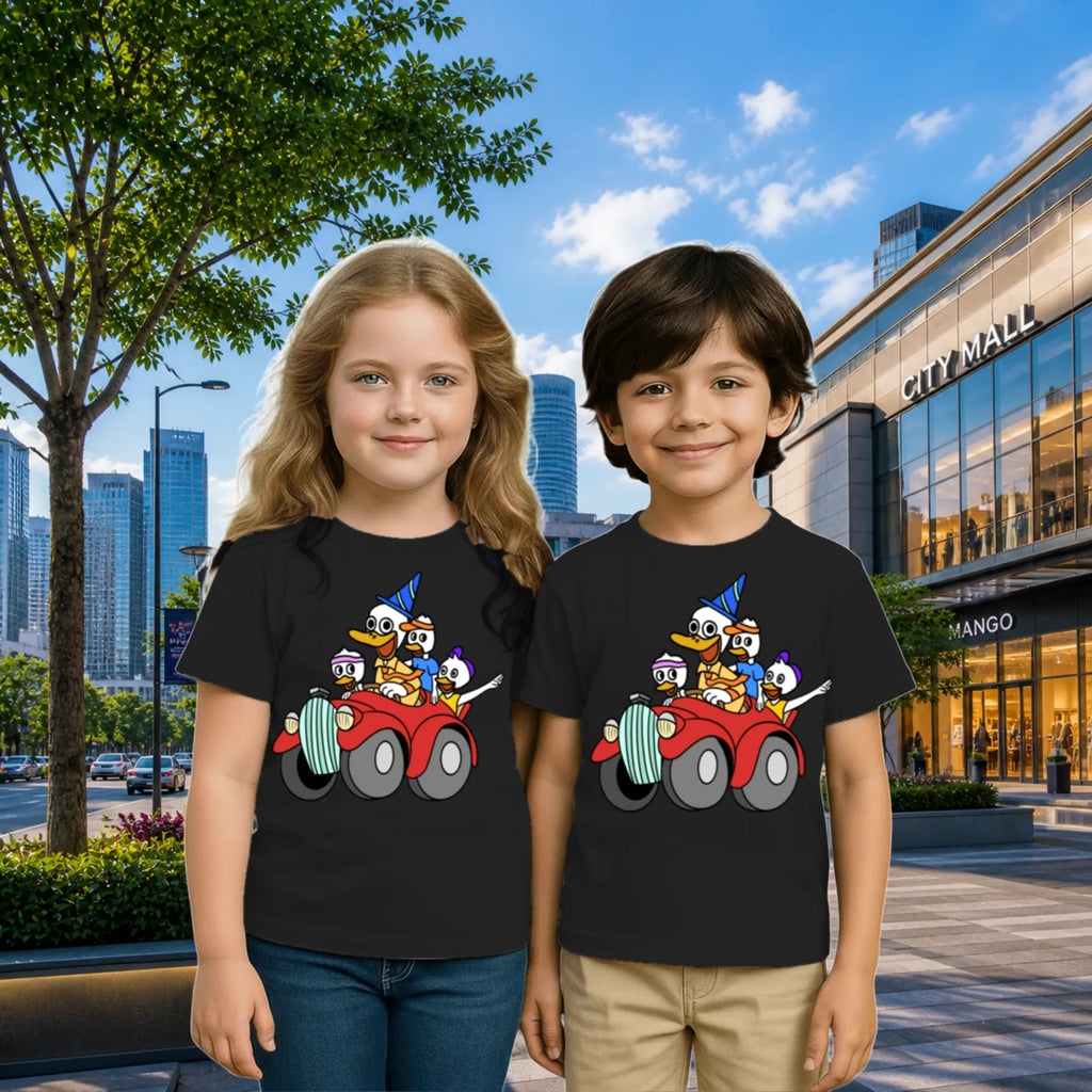 Lifestyle image of PaintzStories artistic kids t-shirt featuring Uncle Duck Tour - Blue artwork with colourful illustration, premium cotton comfort, gift for young artists, and colourful kids wear.