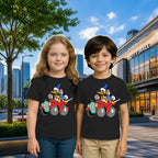 Lifestyle image of PaintzStories artistic kids t-shirt featuring Uncle Duck Tour - Blue artwork with colourful illustration, premium cotton comfort, gift for young artists, and colourful kids wear.