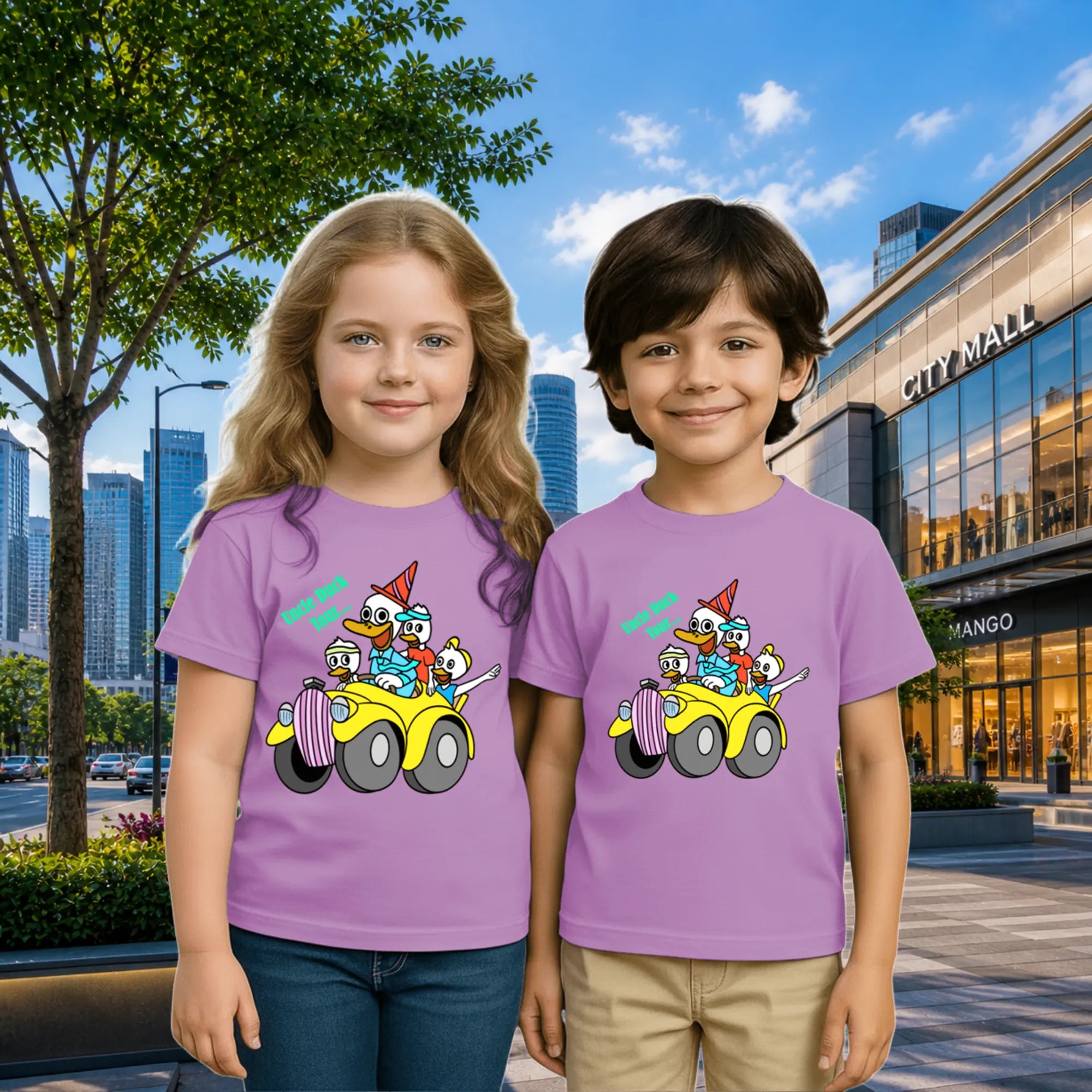Lifestyle image of PaintzStories artistic kids t-shirt featuring Uncle Duck Tour - Light artwork with colourful illustration, premium cotton comfort, gift for young artists, and unisex cotton tshirt.