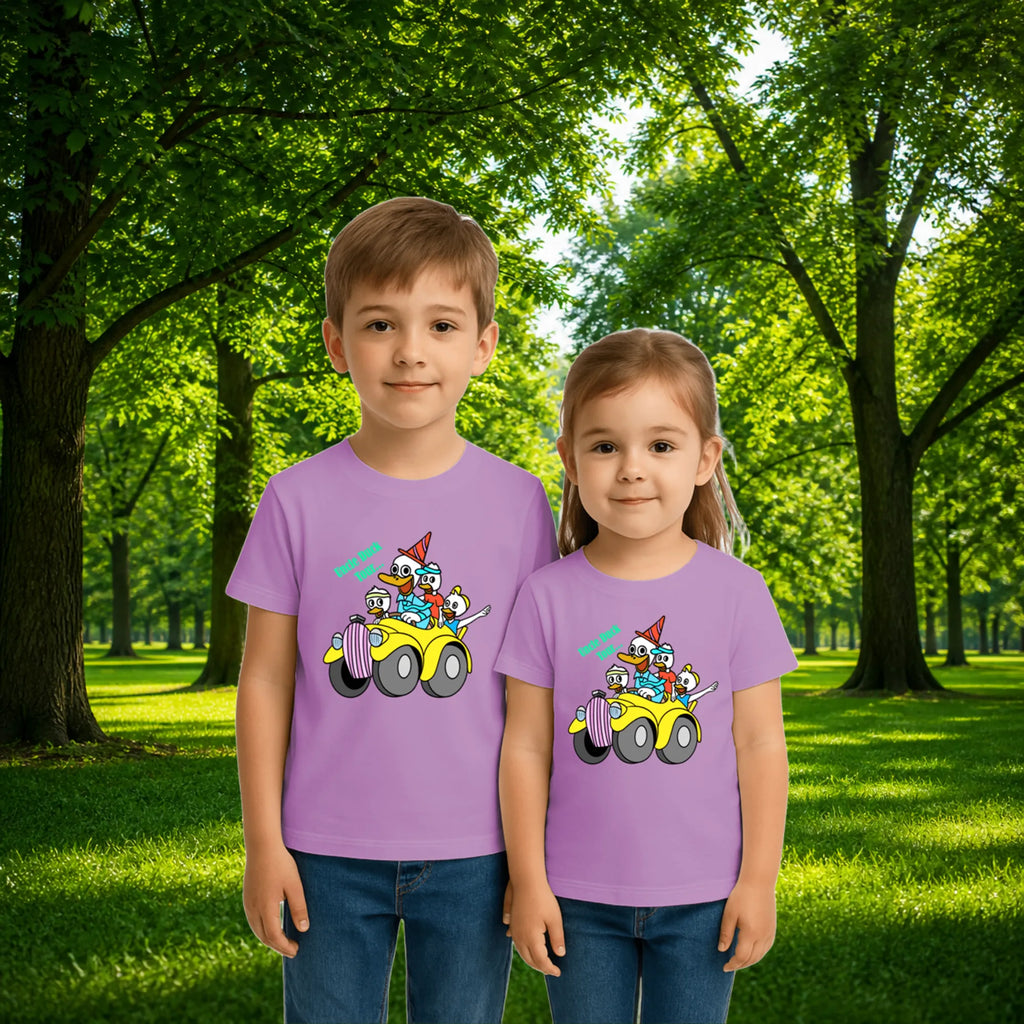 Sibling styling view of PaintzStories artistic kids t-shirt featuring Uncle Duck Tour - Light artwork with colourful illustration, premium cotton comfort, artwork on tshirt, and artist tees.