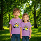 Sibling styling view of PaintzStories artistic kids t-shirt featuring Uncle Duck Tour - Light artwork with colourful illustration, premium cotton comfort, artwork on tshirt, and artist tees.