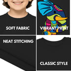 Feature highlights of PaintzStories artistic kids t-shirt featuring PS(PaintzStories) Animal- Elephant artwork with colourful illustration, premium cotton comfort, birthday gift for kids, and artist tees.