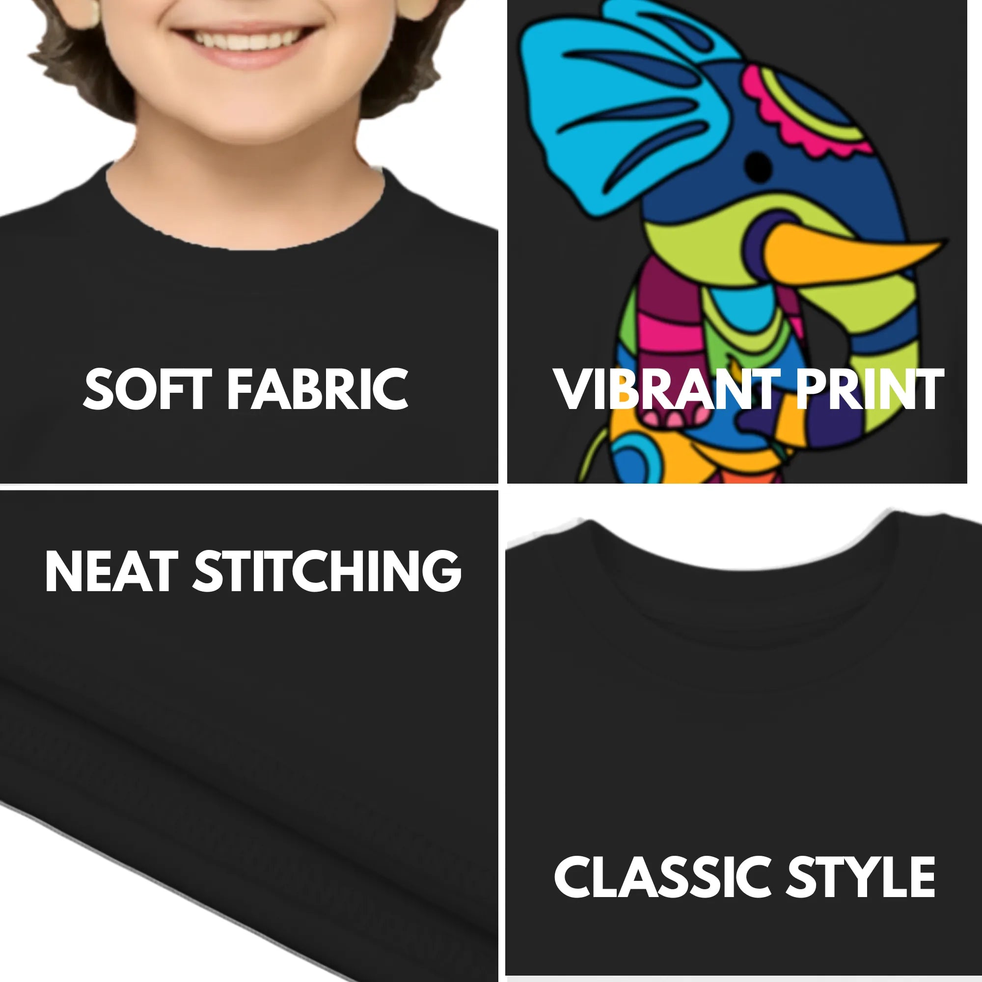 Feature highlights of PaintzStories artistic kids t-shirt featuring PS(PaintzStories) Animal- Elephant artwork with colourful illustration, premium cotton comfort, birthday gift for kids, and artist tees.
