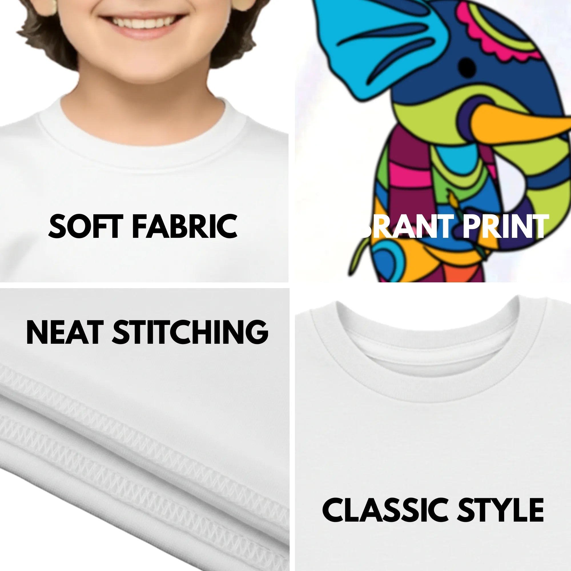 Feature highlights of PaintzStories artistic kids t-shirt featuring PS(PaintzStories) Animals artwork with colourful illustration, premium cotton comfort, creative kids fashion, and artwork on tshirt.