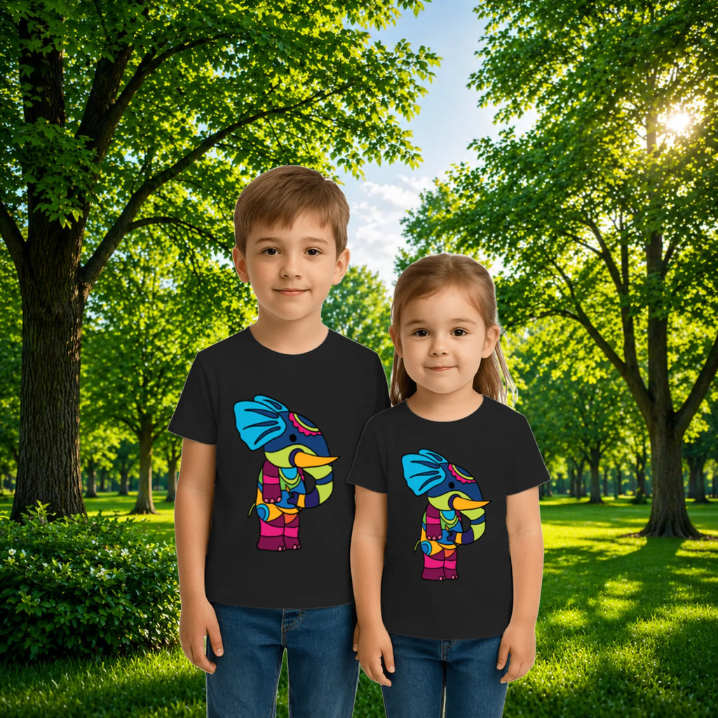 Sibling styling view of PaintzStories artistic kids t-shirt featuring PS(PaintzStories) Animal- Elephant artwork with colourful illustration, premium cotton comfort, creative kids fashion, and art tee shirt.