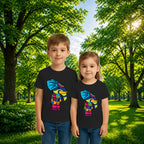 Sibling styling view of PaintzStories artistic kids t-shirt featuring PS(PaintzStories) Animal- Elephant artwork with colourful illustration, premium cotton comfort, creative kids fashion, and art tee shirt.