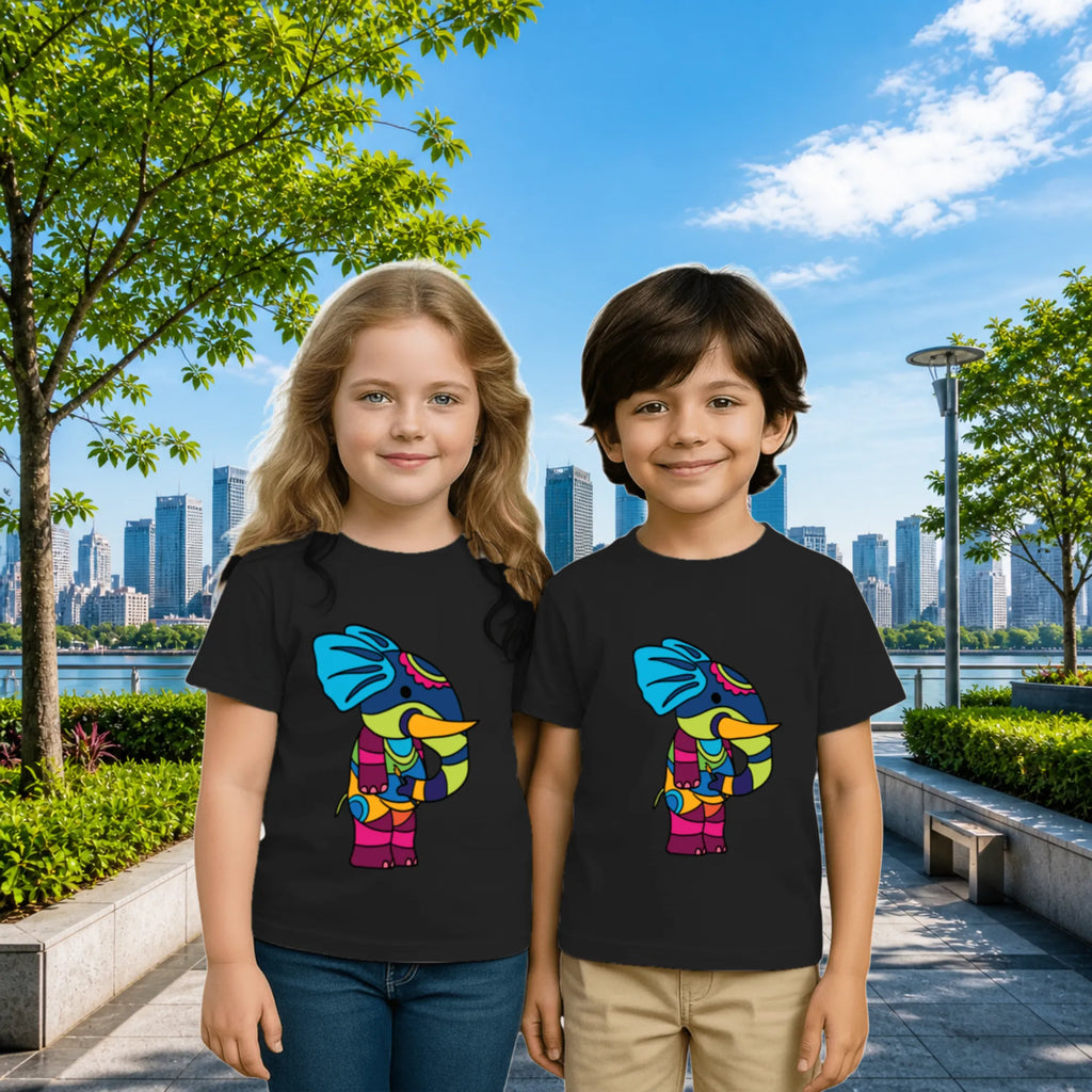 Lifestyle image of PaintzStories artistic kids t-shirt featuring PS(PaintzStories) Animal- Elephant artwork with colourful illustration, premium cotton comfort, designer kids tshirt, and kids artistic t-shirt.