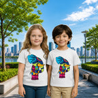 Lifestyle image of PaintzStories artistic kids t-shirt featuring PS(PaintzStories) Animals artwork with colourful illustration, premium cotton comfort, gift for young artists, and birthday gift for kids.