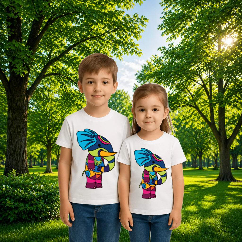 Sibling styling view of PaintzStories artistic kids t-shirt featuring PS(PaintzStories) Animals artwork with colourful illustration, premium cotton comfort, birthday gift for kids, and colourful kids wear.