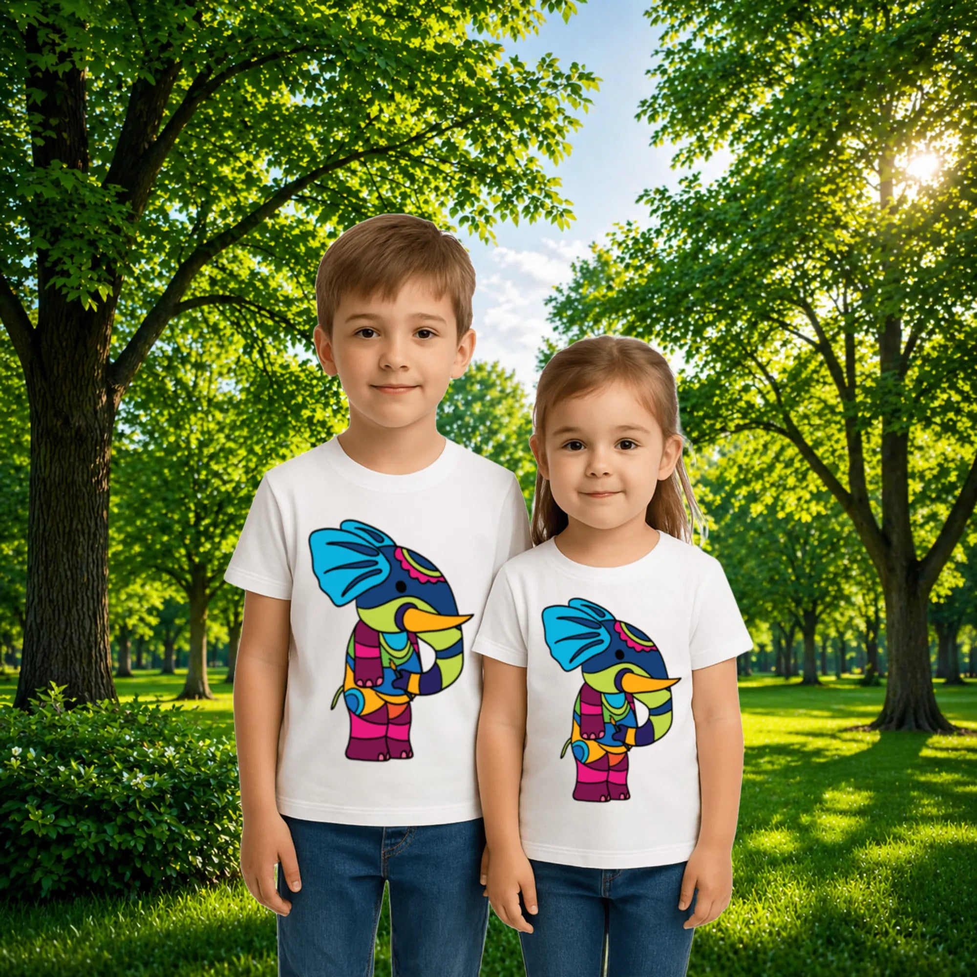 Sibling styling view of PaintzStories artistic kids t-shirt featuring PS(PaintzStories) Animals artwork with colourful illustration, premium cotton comfort, birthday gift for kids, and colourful kids wear.
