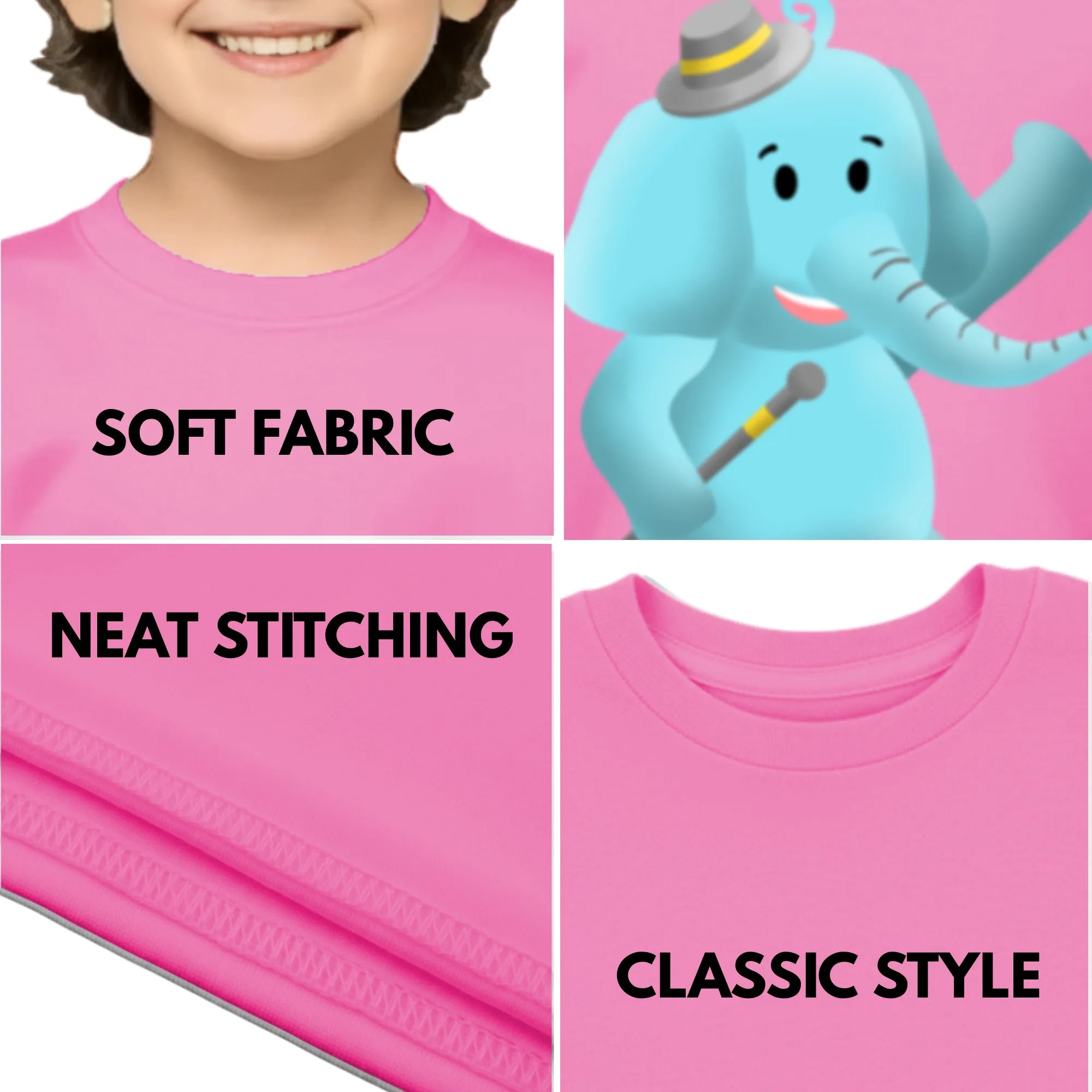 Feature highlights of PaintzStories artistic kids t-shirt featuring Jungle Magic: Celebrating the Elephant artwork with colourful illustration, premium cotton comfort, art tee shirt, and unisex cotton tshirt.