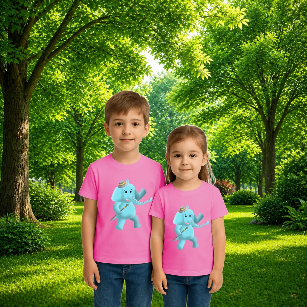 Sibling styling view of PaintzStories artistic kids t-shirt featuring Jungle Magic: Celebrating the Elephant artwork with colourful illustration, premium cotton comfort, artist tees, and creative kids fashion.