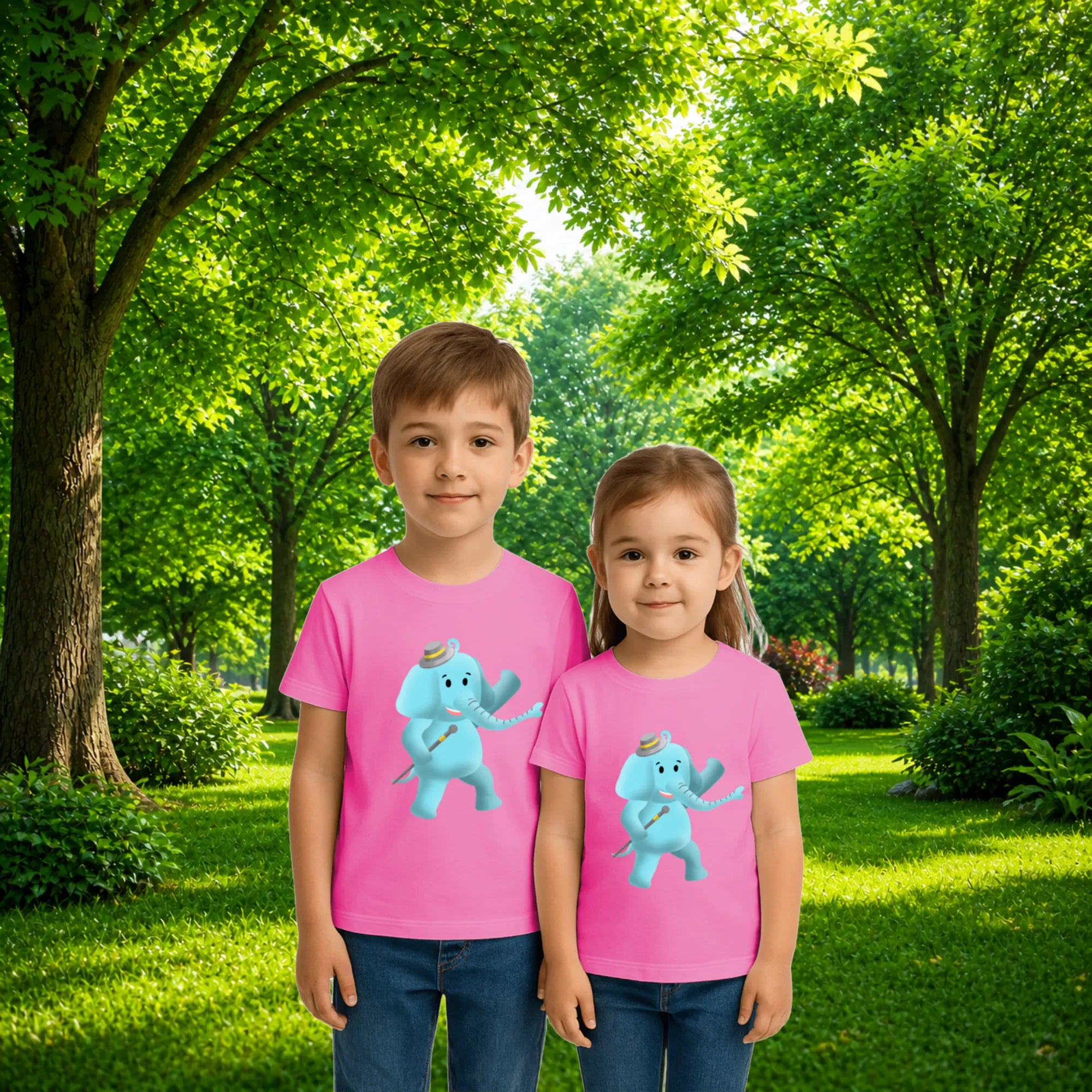 Sibling styling view of PaintzStories artistic kids t-shirt featuring Jungle Magic: Celebrating the Elephant artwork with colourful illustration, premium cotton comfort, artist tees, and creative kids fashion.