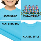 Feature highlights of PaintzStories artistic kids t-shirt featuring Four Zebras on a Ride artwork with colourful illustration, premium cotton comfort, creative kids fashion, and designer kids tshirt.