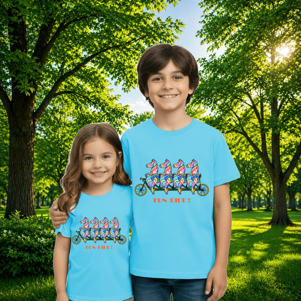 Sibling styling view of PaintzStories artistic kids t-shirt featuring Four Zebras on a Ride artwork with colourful illustration, premium cotton comfort, creative kids fashion, and birthday gift for kids.