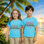 Lifestyle image of PaintzStories artistic kids t-shirt featuring Four Zebras on a Ride artwork with colourful illustration, premium cotton comfort, birthday gift for kids, and artwork on tshirt.